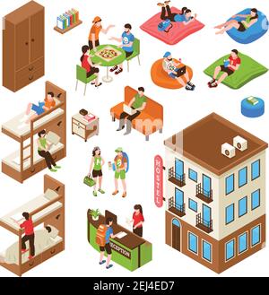 Hostel isometric icons set with building outside, bunk bed, reception desk, tourists during eating isolated vector illustration Stock Vector