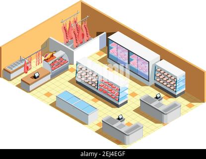 Butcher shop interior isometric composition with meat products, refrigerators, counter with showcase, cash desks vector illustration Stock Vector