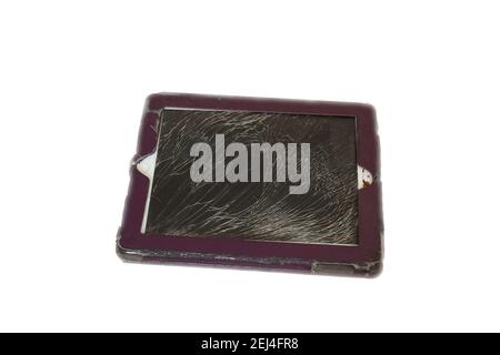 broken tablet screen isolated on a white background, smarphone, computer,pc,tablet concept damage Stock Photo