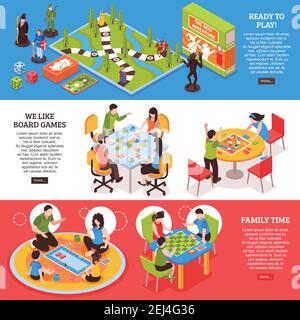 Set of horizontal isometric banners with people playing board games isolated on colorful background vector illustration Stock Vector