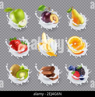 Set of realistic milk splashes with fruits including berries and chocolate isolated on transparent background vector illustration Stock Vector