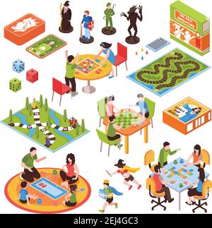 Set of isometric icons with people including adults and kids playing board games isolated vector illustration Stock Vector
