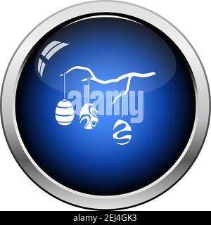 Easter Eggs Hanged On Tree Branch Icon. Glossy Button Design. Vector Illustration. Stock Vector