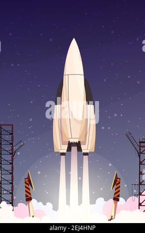 Space technology composition with ground takeoff of carrier rocket with vertical towers of the firing pad vector illustration Stock Vector
