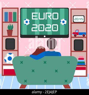 Couple watching championship of soccer on TV in the living roon Stock Vector