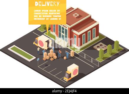 Isometric logistic delivery conceptual composition with images of post office yard with people hand-loading parcels vector illustration Stock Vector