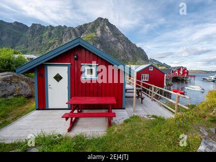 Traditional red stilt houses, typical fishermen's huts, A i Lofoten, Lofoten, Nordland, Norway Stock Photo