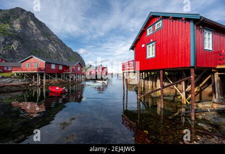 Traditional red stilt houses, typical fishermen's huts, A i Lofoten, Lofoten, Nordland, Norway Stock Photo