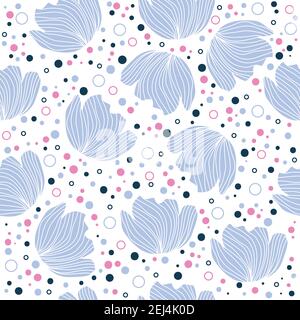 Floral pattern design with flower silhouettes, dots and small circles on a transparent background Stock Vector