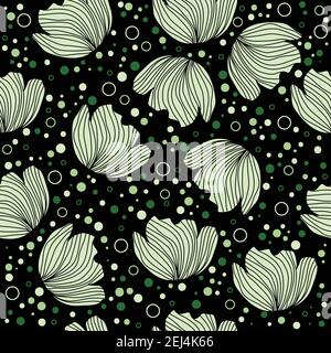 Floral pattern design with flower silhouettes, dots and small circles on a black background Stock Vector