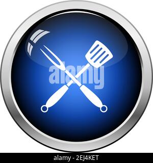 Crossed Frying Spatula And Fork Icon. Glossy Button Design. Vector Illustration. Stock Vector