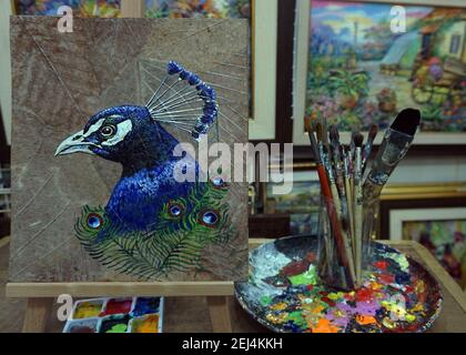 Original oil painting cute peacock bird and peafowl Stock Photo