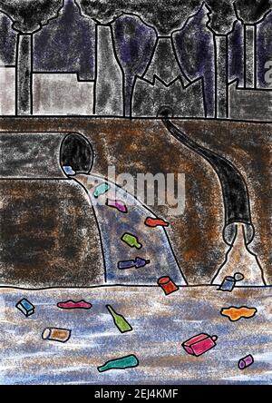 Naive illustration, child's drawing, plastic waste and factory effluents are dumped into water bodies through sewer pipes, pollution, Austria Stock Photo