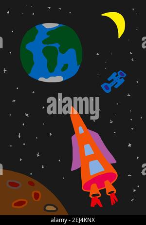 Naive illustration, children drawing, rocket in the starry sky hovering over the earth, Austria Stock Photo