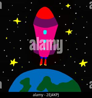 Naive illustration, children drawing, rocket in the starry sky hovering over the earth, Austria Stock Photo