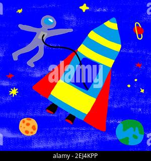 Naive illustration, children drawing, astronaut with rocket in space, Austria Stock Photo