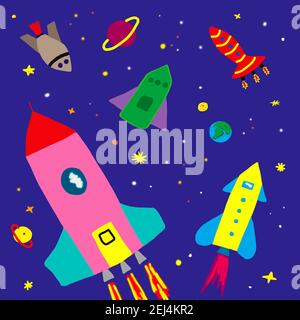 Naive illustration, children drawing, rockets in the starry sky, Austria Stock Photo