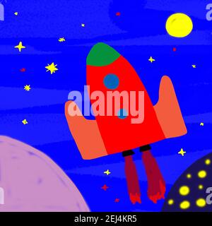 Naive illustration, children drawing, rocket flying in space, Austria Stock Photo