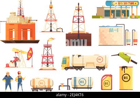 Oil production industry cartoon icons collection with gas station drilling and jack-up rigs isolated vector illustration Stock Vector