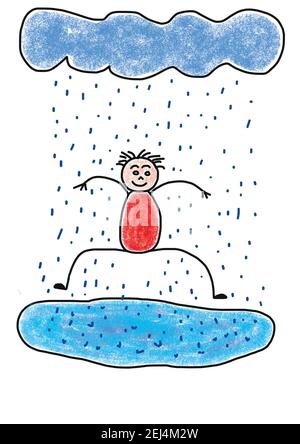 Naive illustration, child drawing, child jumping into a puddle of water in the rain Stock Photo