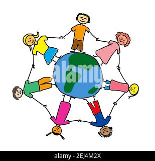 Naive illustration, child drawing, girl standing happily on mother earth  Stock Photo - Alamy