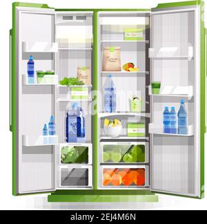 Refrigerator organization realistic isolated object with opened green doors and products on shelves vector illustration Stock Vector