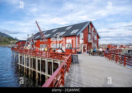 Traditional red stilt houses, typical fishermen's huts, A i Lofoten, Lofoten, Nordland, Norway Stock Photo