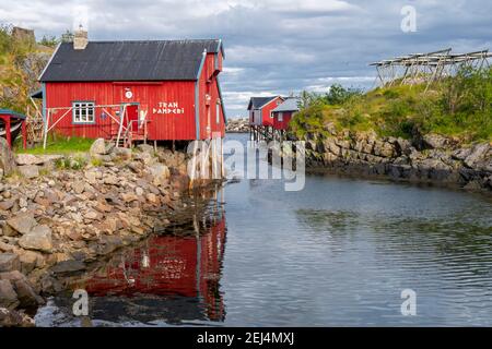 Traditional red stilt houses, typical fishermen's huts, A i Lofoten, Lofoten, Nordland, Norway Stock Photo