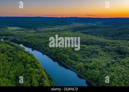 Sunset aerial view of Strandzha mountains and veleka river in bulgaria Stock Photo