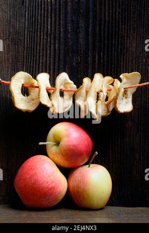 Dried apple slices, dried apple rings strung on string and apples, variety Gala Stock Photo