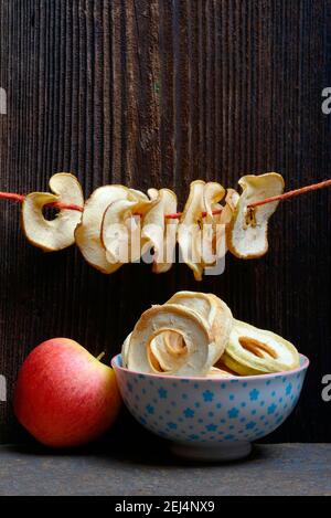 Dried apple slices, dried apple rings strung on string and apples, variety Gala Stock Photo
