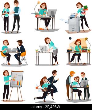Multitasking isolated icons set with young businesswoman in working process alone and with her employees flat vector illustration Stock Vector