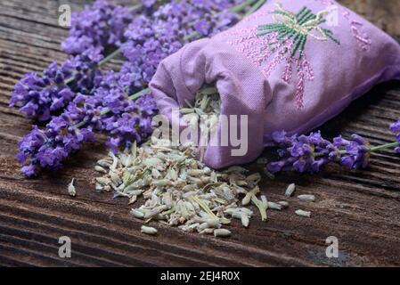 Lavender( Lavandula angustifolia) , dried lavender flowers, scented sachets, lavender bags, lavender scent, lavender aroma Stock Photo