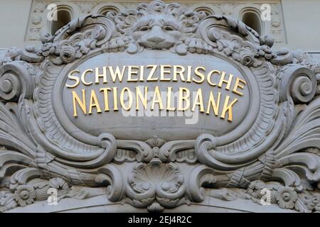Lettering, Swiss National Bank, main portal, headquarters of the Swiss National Bank, Swiss National Bank, Bern, Canton of Bern, Switzerland Stock Photo