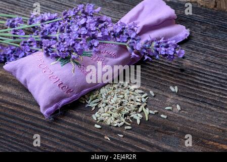 Lavender( Lavandula angustifolia) , dried lavender flowers, scented sachets, lavender bags, lavender scent, lavender aroma Stock Photo