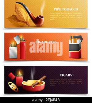 Tobacco products set of horizontal banners with smoking pipe, cigarettes and lighters, cigars isolated vector illustration Stock Vector