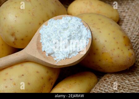 Potato starch and potatoes, potato starch, starch flour, cornstarch Stock Photo