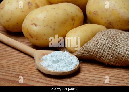 Potato starch and potatoes, potato starch, starch flour, cornstarch Stock Photo