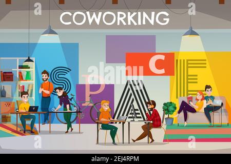 Coworking poster background with text and flat open space interior with tables sofas and people characters vector illustration Stock Vector