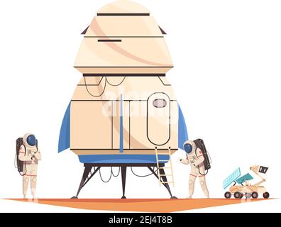 Space technology composition with flat image of spacecraft with astronauts and robotic drone on planetary surface vector illustration Stock Vector