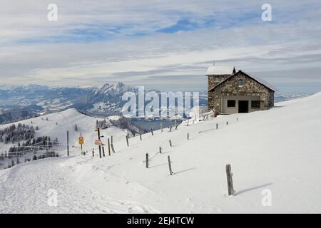 View from Rigi to Pilatus and Lake Lucerne, Swiss Alps, Canton Zug, Switzerland Stock Photo