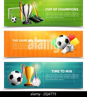 Soccer horizontal banners set with sports equipment, penalty cards, trophy isolated on football field background vector illustration Stock Vector