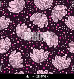 Floral pattern design with flower silhouettes, dots and small circles on a dark purple background Stock Vector