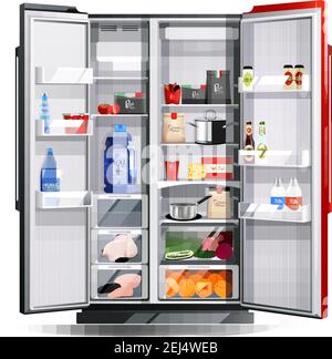 Open refrigerator with two red and black doors full of fresh products in realistic style isolated vector illustration Stock Vector