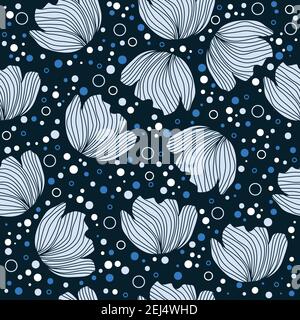 Floral pattern design with flower silhouettes, dots and small circles on a dark blue background Stock Vector