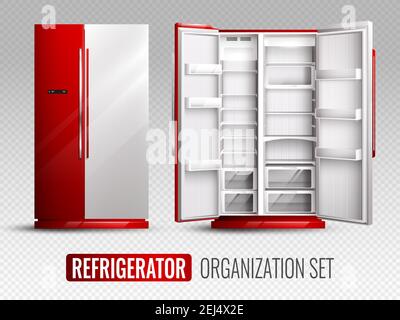 Refrigerator organization in red and white colors with opened and closed empty fridge on transparent background realistic vector illustration Stock Vector
