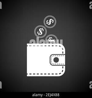 Golden Coins Fall In Purse Icon. White on Black Background. Vector Illustration. Stock Vector