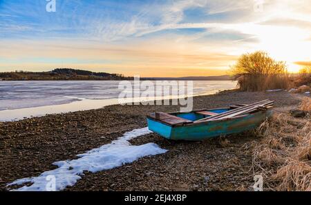 Lake Lipno. Czech countryside at lake Lipno. Houses and small railroad bridge crossing lake lipno near Sumava national park. Lake Lipno, czech republi Stock Photo