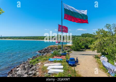 Bulgarian and Turkish flags near Rezovo village in Bulgaria Stock Photo