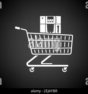 Shopping Cart With Cofee Machine Icon. White on Black Background. Vector Illustration. Stock Vector